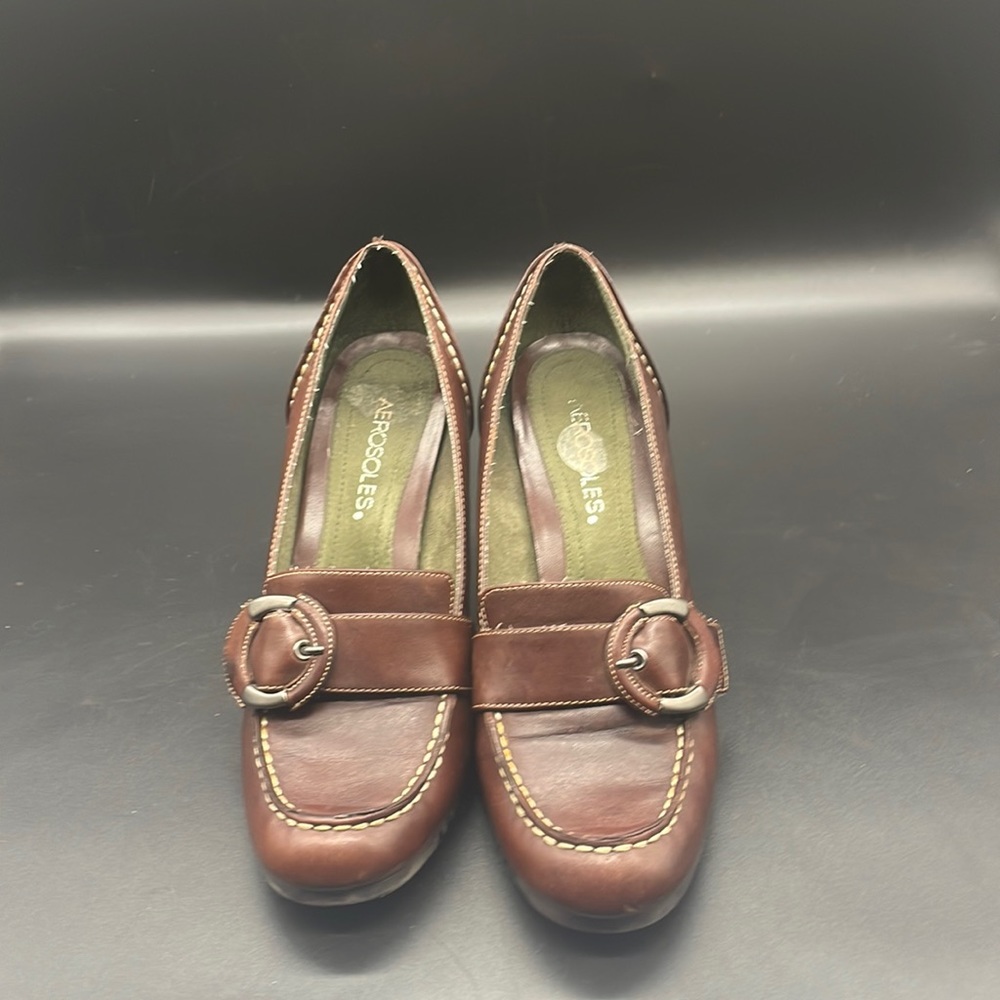 Wedge Heel Buckle Slip-On Shoes Brown Size 7